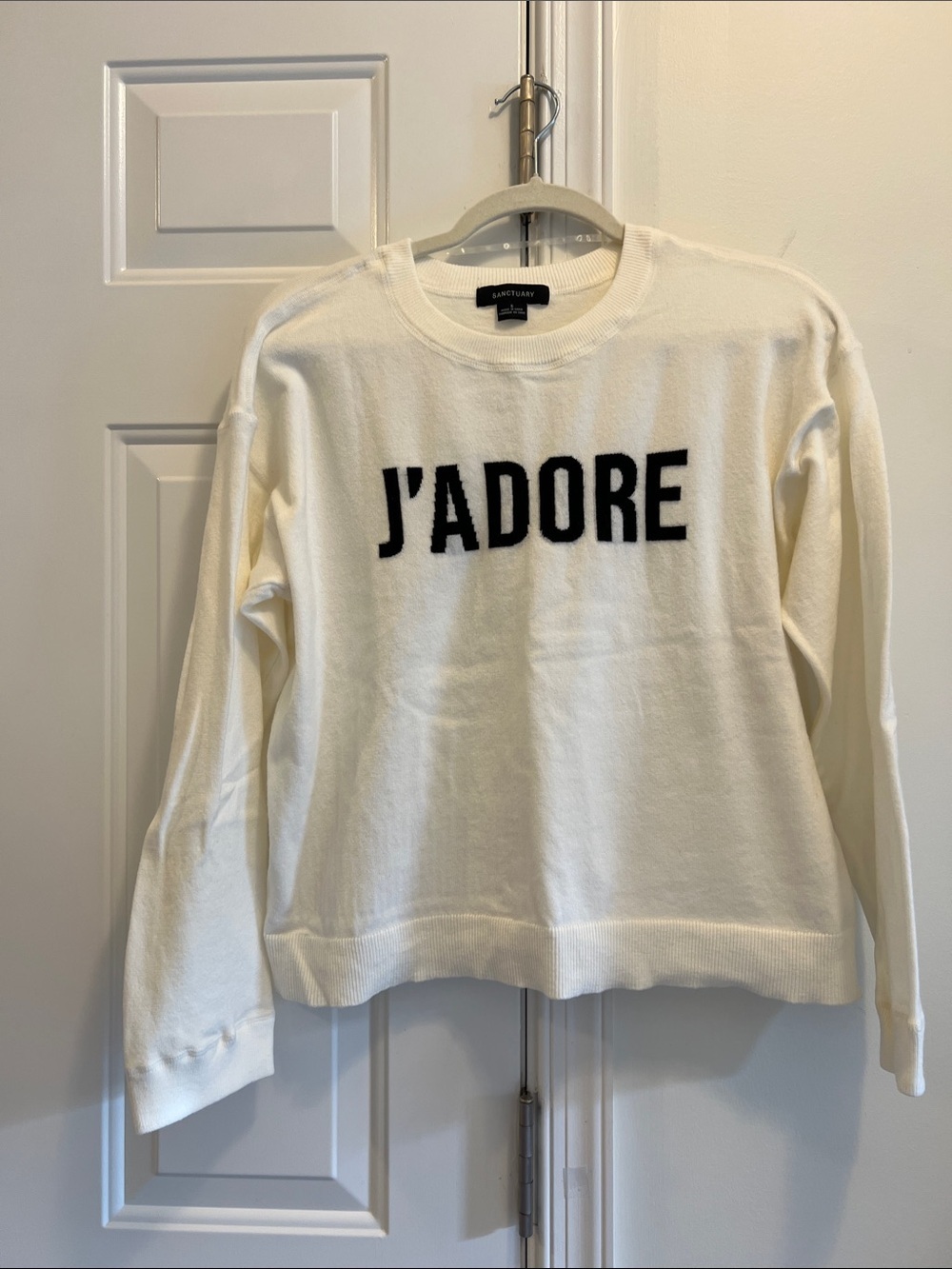 Sanctuary Cream J'Adore Crewneck Sweater with Black Lettering. Size small
